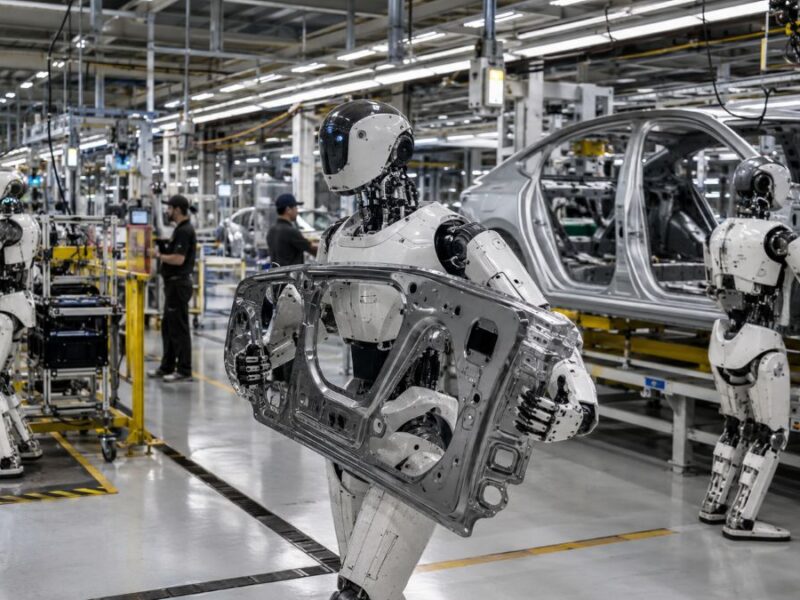 Smart humanoid robots working in a modern factory in 2026