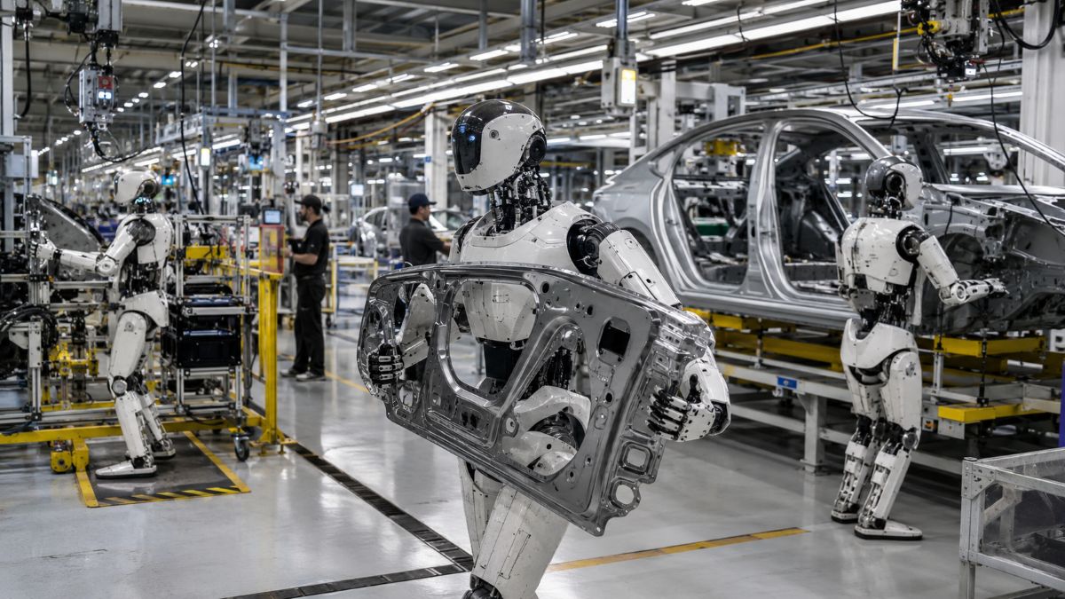 Smart humanoid robots working in a modern factory in 2026
