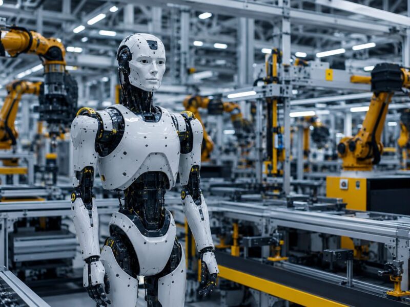 Humanoid robot standing in a smart factory with robotic arms and production lines