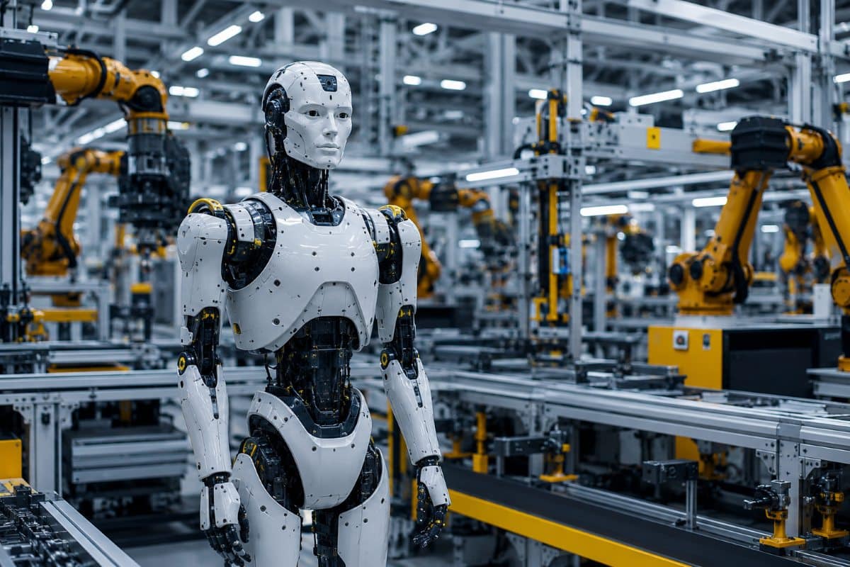 Humanoid Robots: China’s Policy Roadmap 4 Humanoid robot standing in a smart factory with robotic arms and production lines