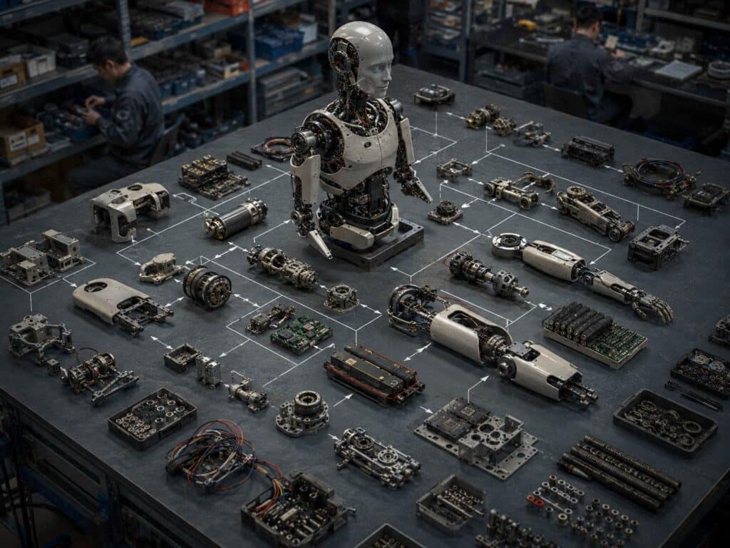 Robot components and AI systems showing China’s humanoid robot supply chain advantage