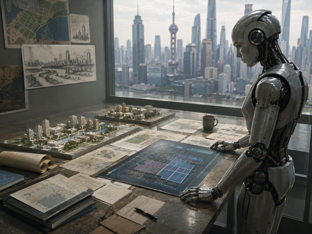 A humanoid robot standing near a city planning display and industry policy documents
