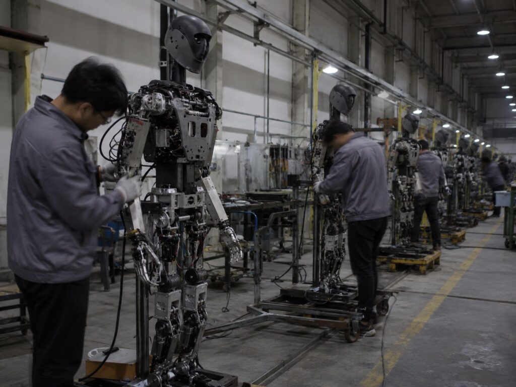 Humanoid robots being assembled on a production line for commercial use